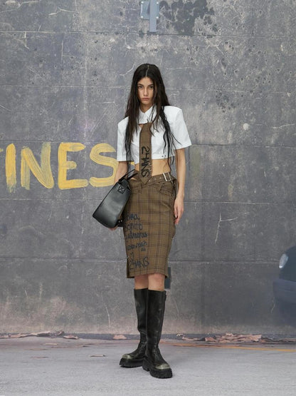 Backless Grey Brown Structured Shirt And Skirt Set