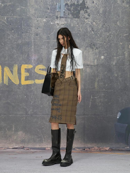 Backless Grey Brown Structured Shirt And Skirt Set