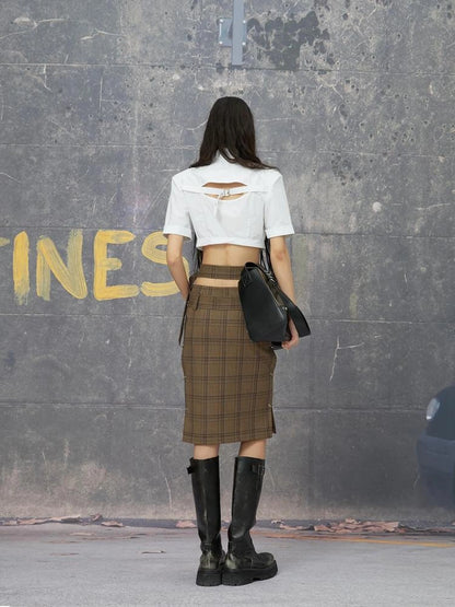 Backless Grey Brown Structured Shirt And Skirt Set