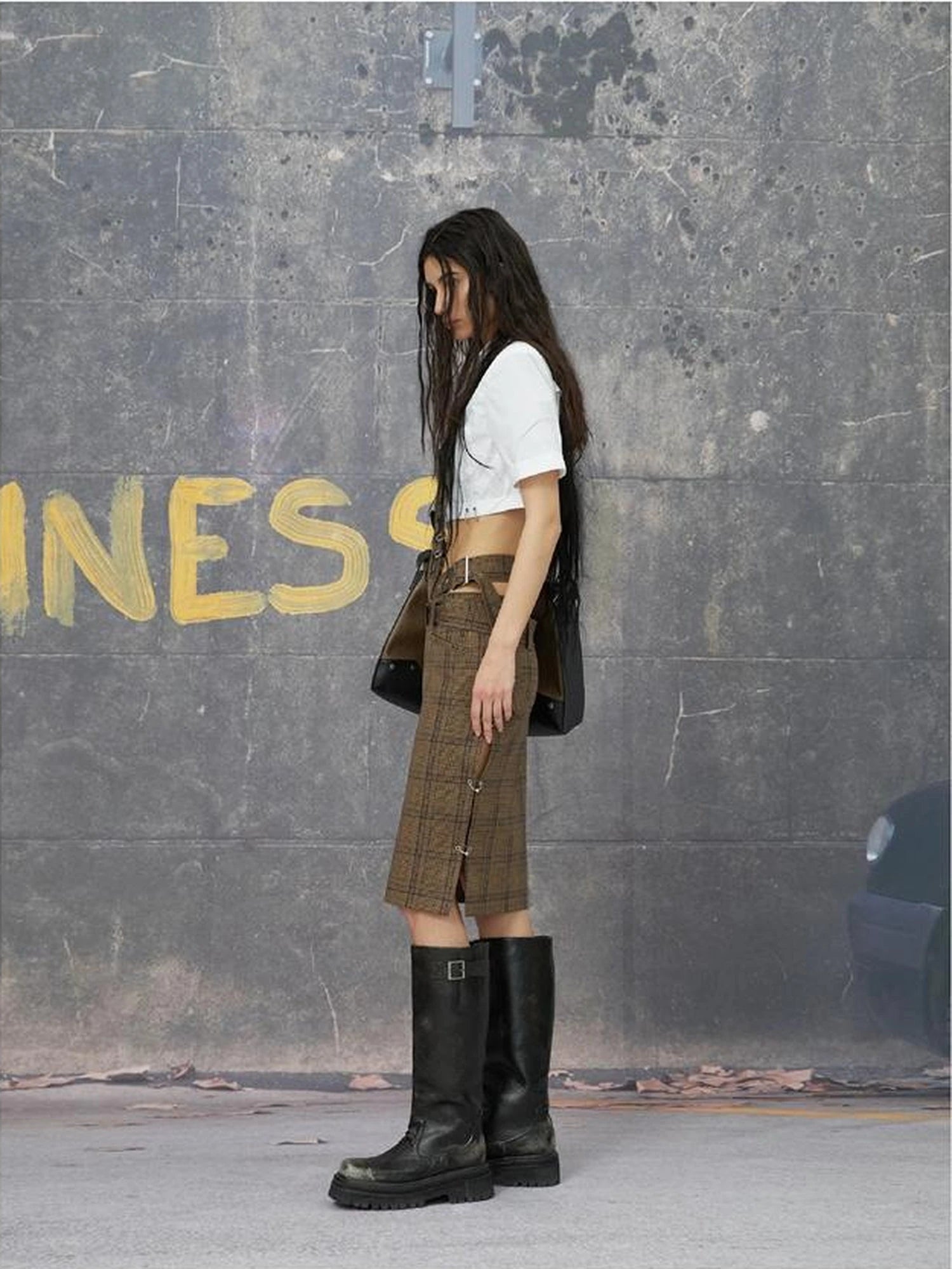 Backless Grey Brown Structured Shirt And Skirt Set