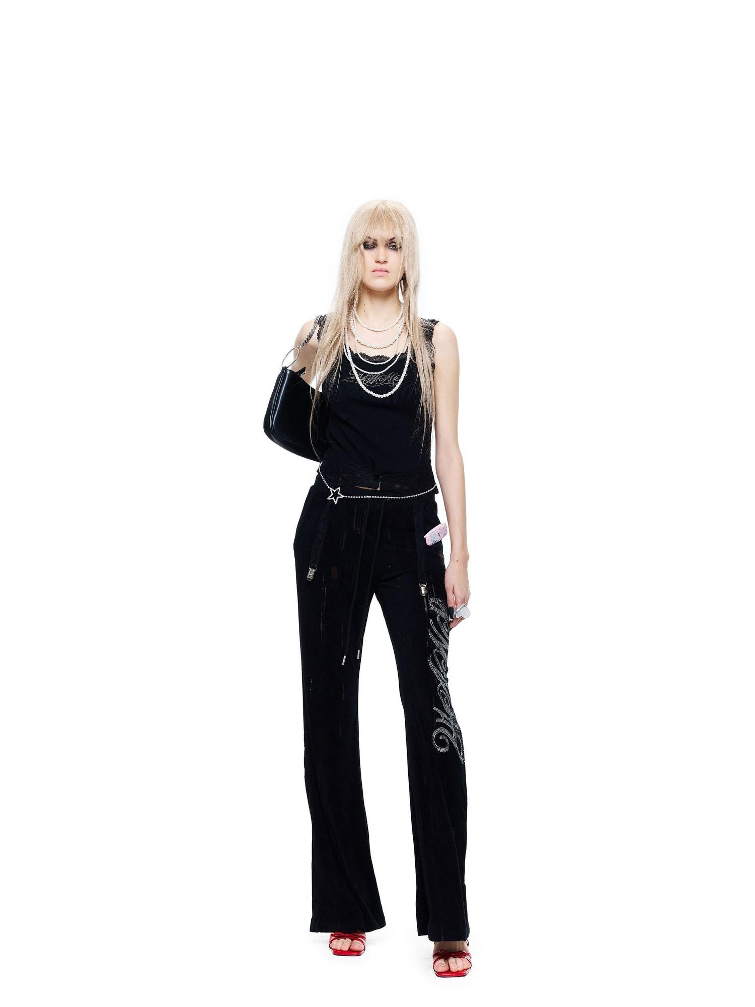 24ans Beaded Detachable Lace Waistband Letter Print Women&