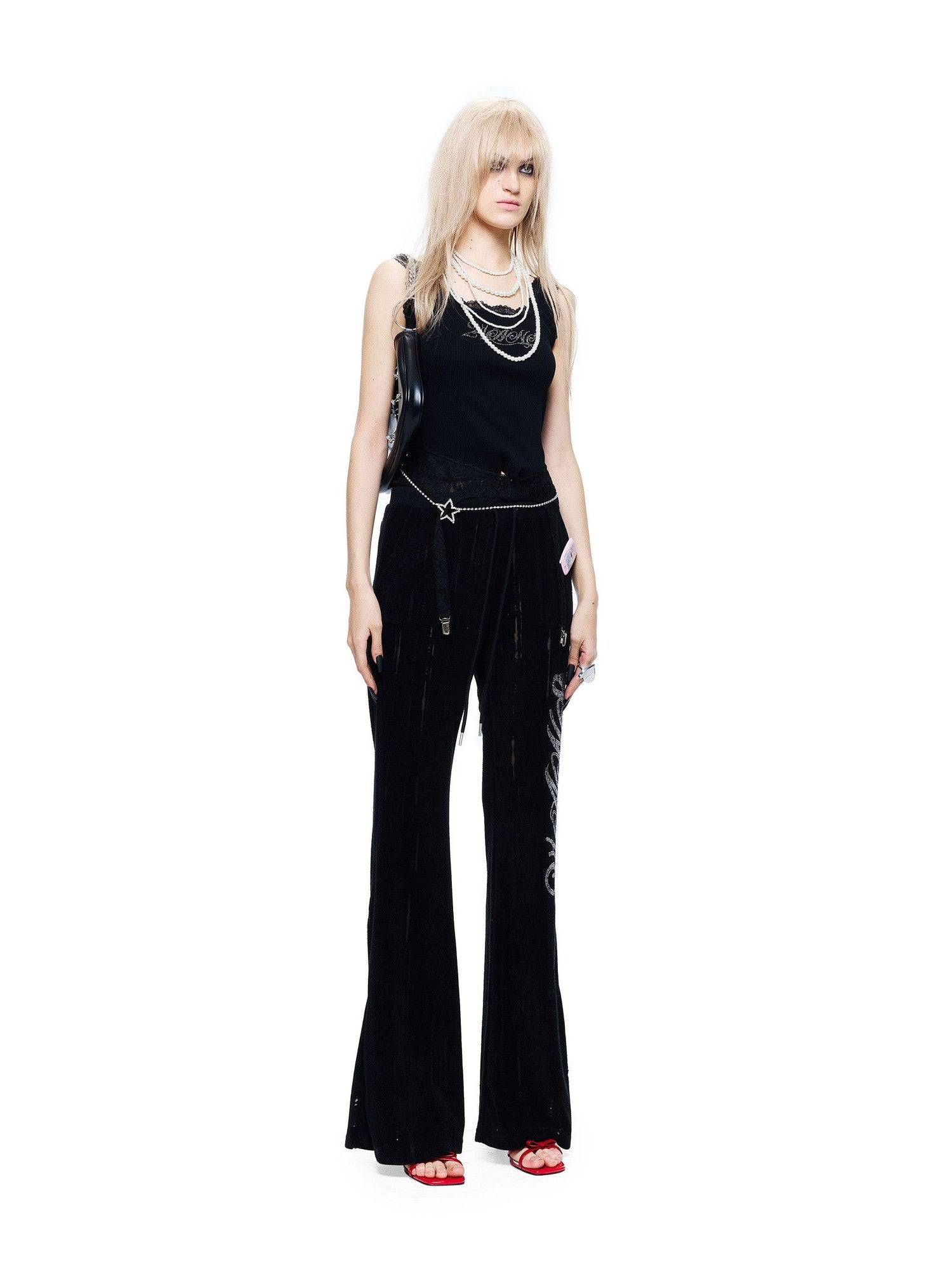 24ans Beaded Detachable Lace Waistband Letter Print Women&