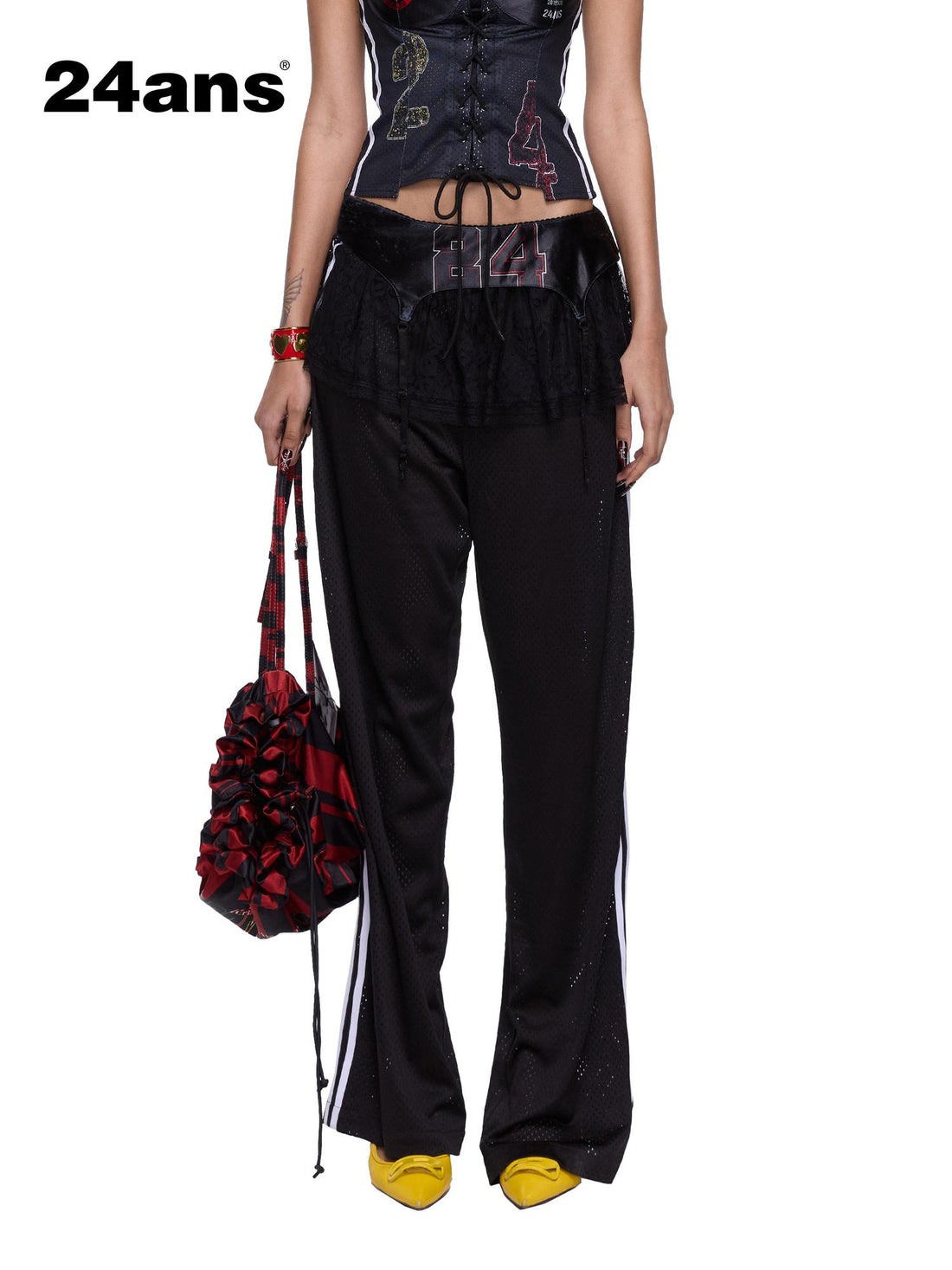 24ans Black Ball Pants with Side Zipper Waist Lace Trim Wide Leg Sheer