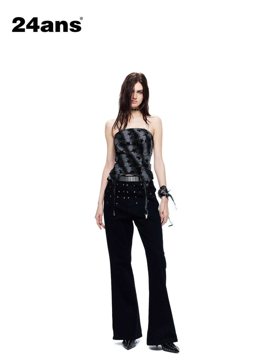 24ans Black Leopard Punk Grunge Ombre Print Beaded Anti Slip Women&