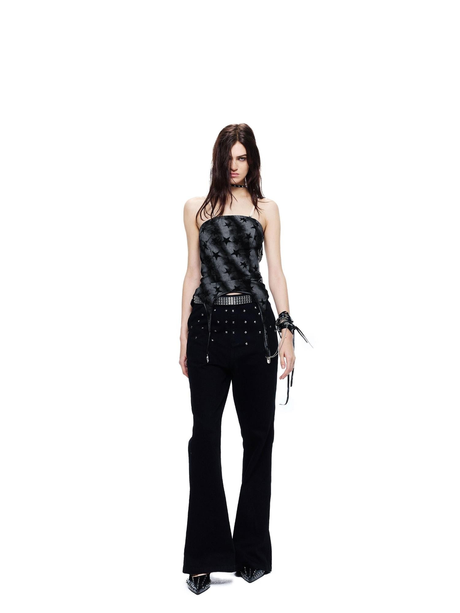 24ans Black Leopard Punk Grunge Ombre Print Beaded Anti Slip Women&