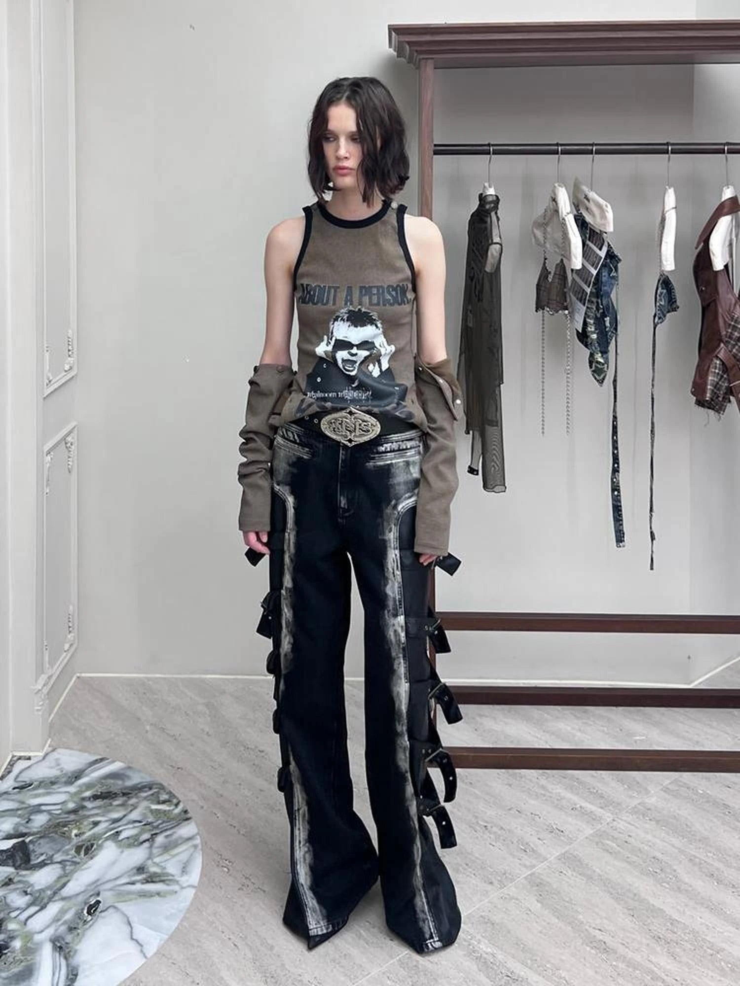 Black Multi Buckle Detail Denim Trousers With Tiered Folding