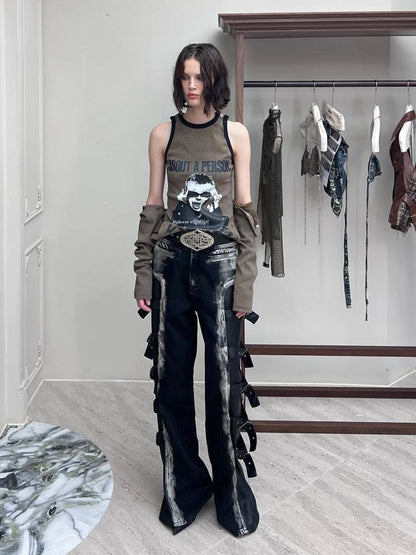 Black Multi Buckle Detail Denim Trousers With Tiered Folding