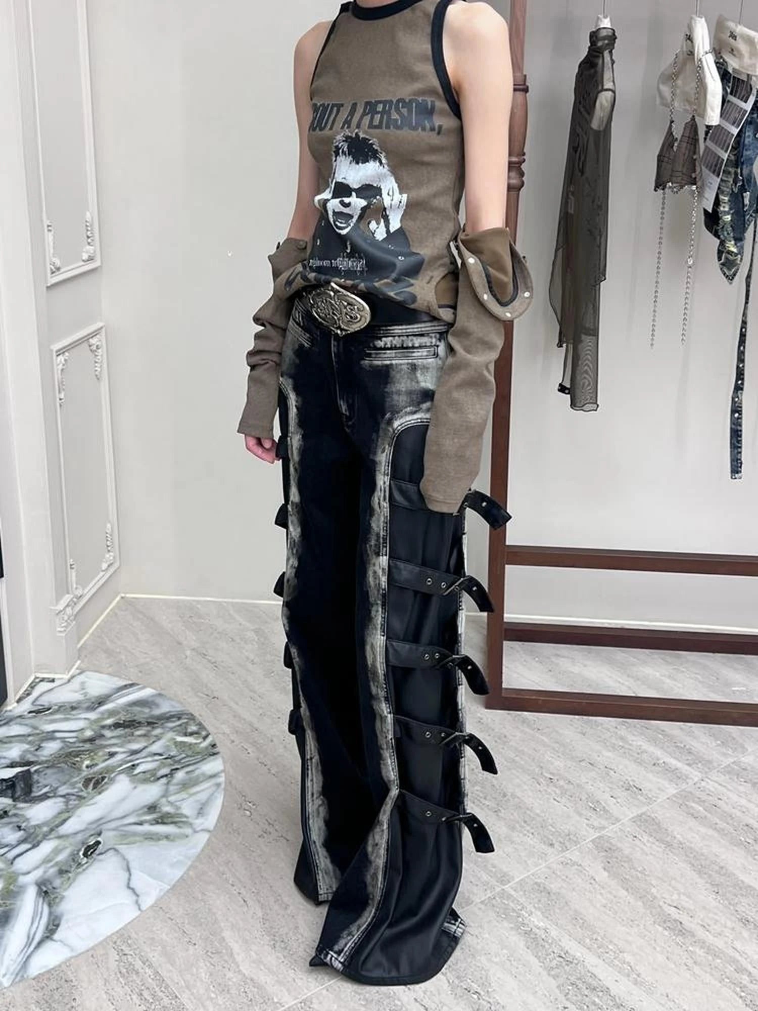 Black Multi Buckle Detail Denim Trousers With Tiered Folding