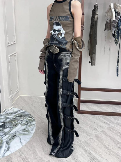 Black Multi Buckle Detail Denim Trousers With Tiered Folding