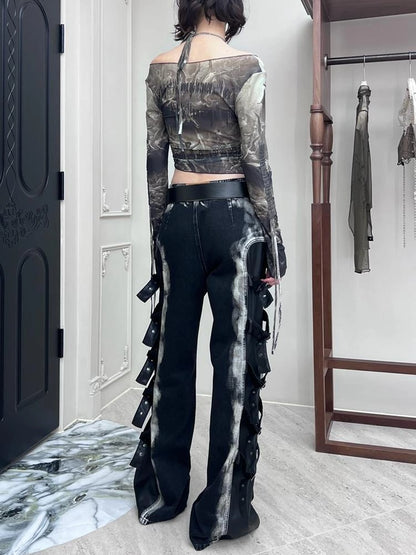 Black Multi Buckle Detail Denim Trousers With Tiered Folding