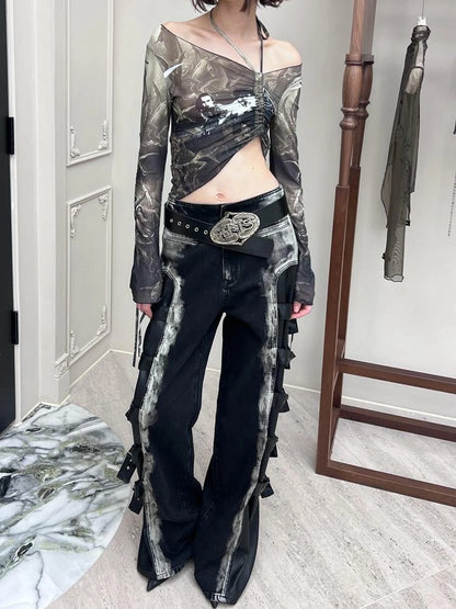 Black Multi Buckle Detail Denim Trousers With Tiered Folding