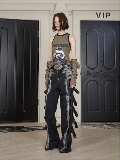 Black Multi Buckle Detail Denim Trousers With Tiered Folding