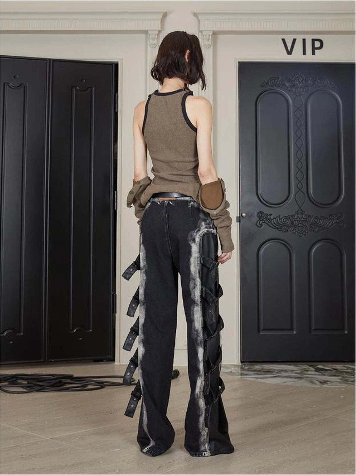 Black Multi Buckle Detail Denim Trousers With Tiered Folding