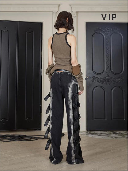 Black Multi Buckle Detail Denim Trousers With Tiered Folding