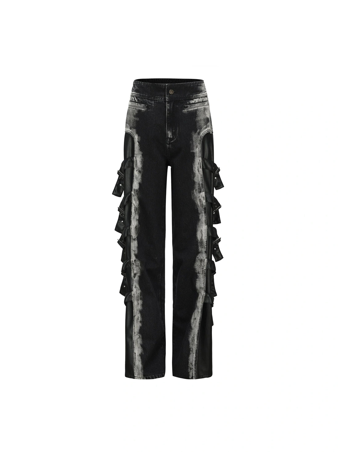 Black Multi Buckle Detail Denim Trousers With Tiered Folding