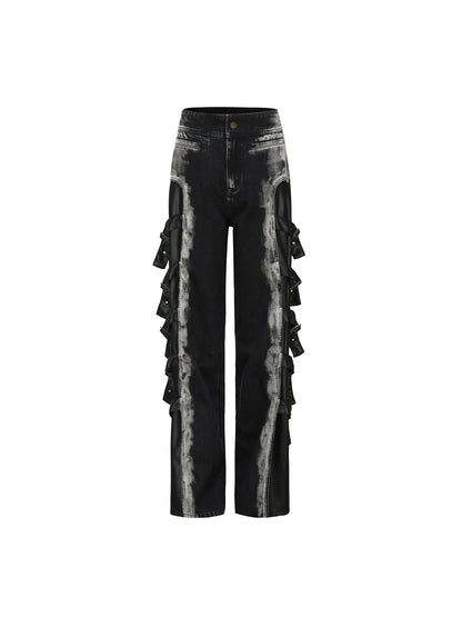Black Multi Buckle Detail Denim Trousers With Tiered Folding