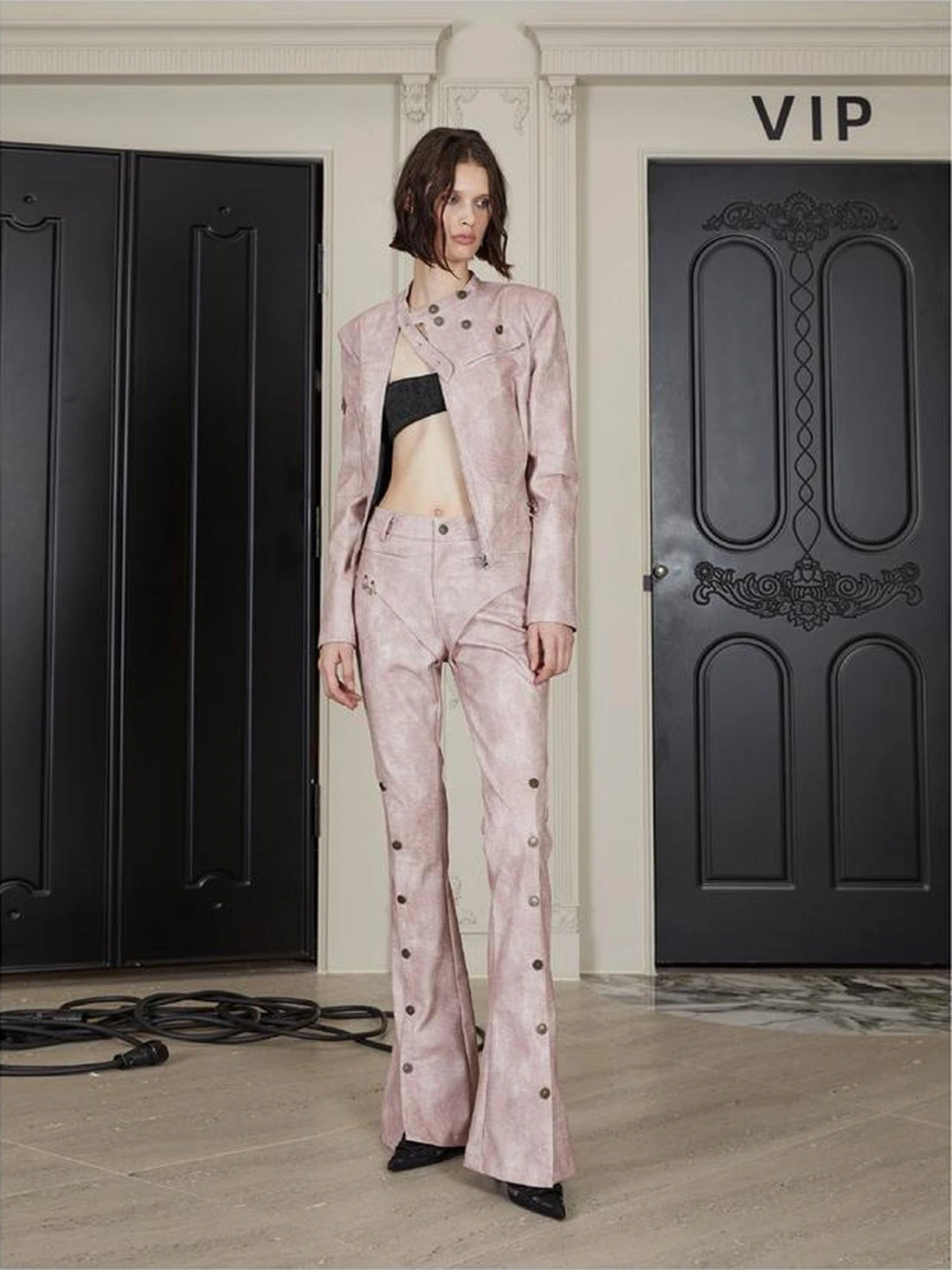 Black Pu Biker Jacket With Side Zipper Snap Pants Set