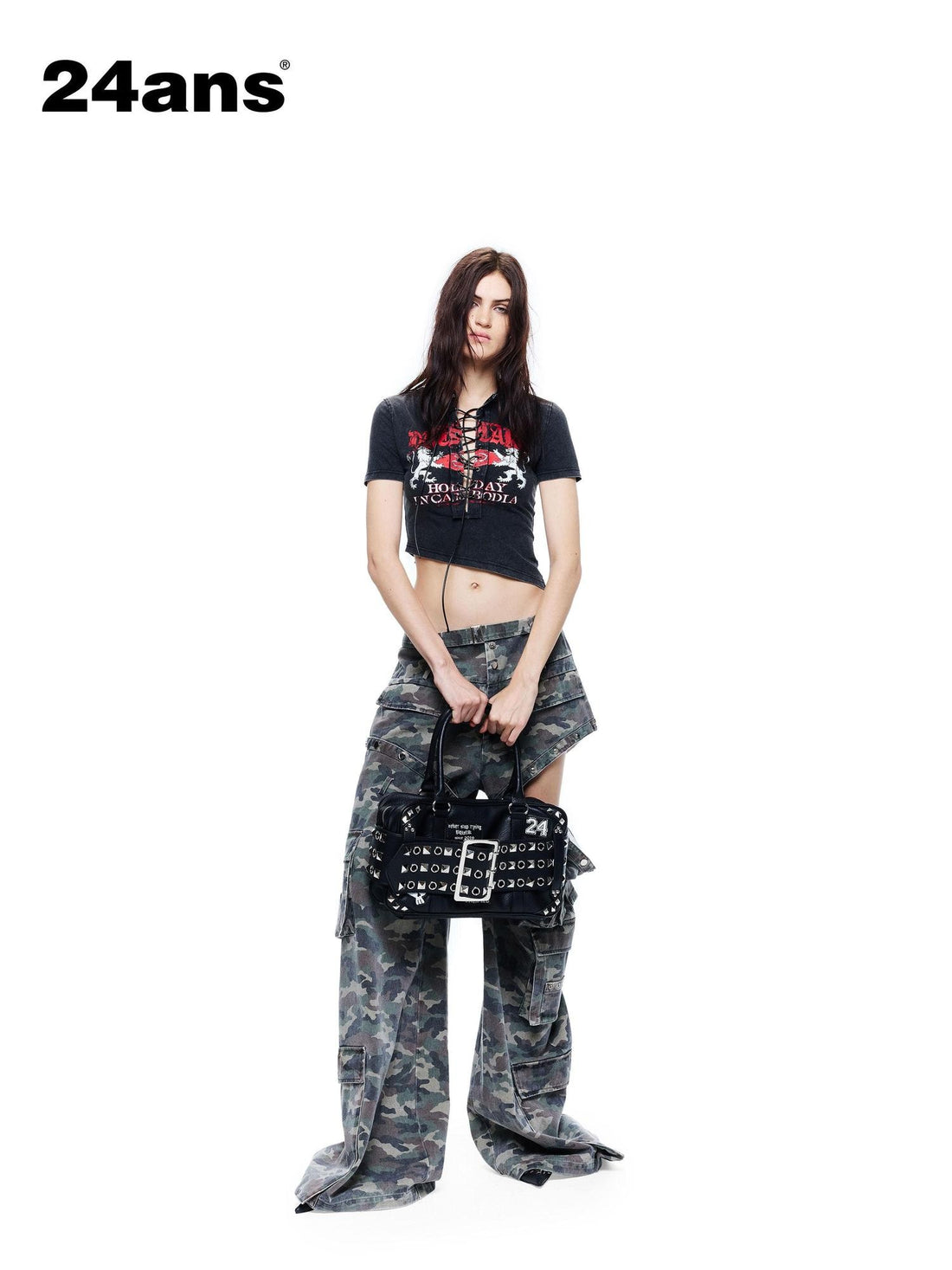 24ans Black Punk Grunge Asymmetric Layered Letter Print Women&