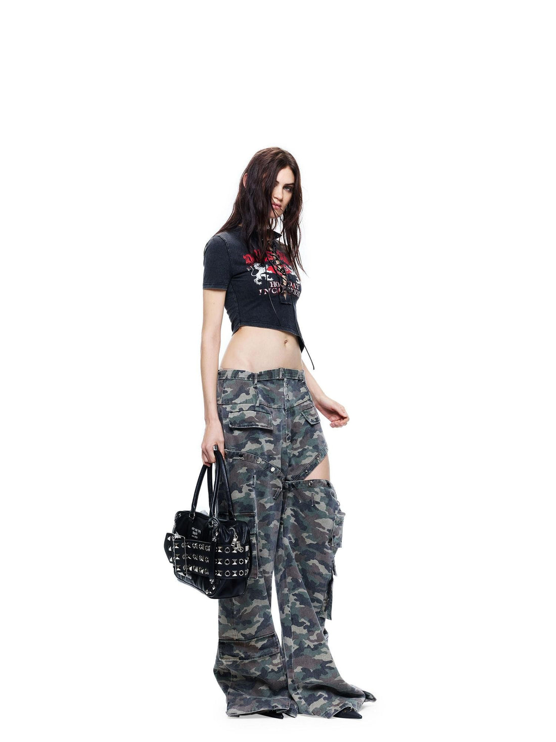 24ans Black Punk Grunge Asymmetric Layered Letter Print Women&