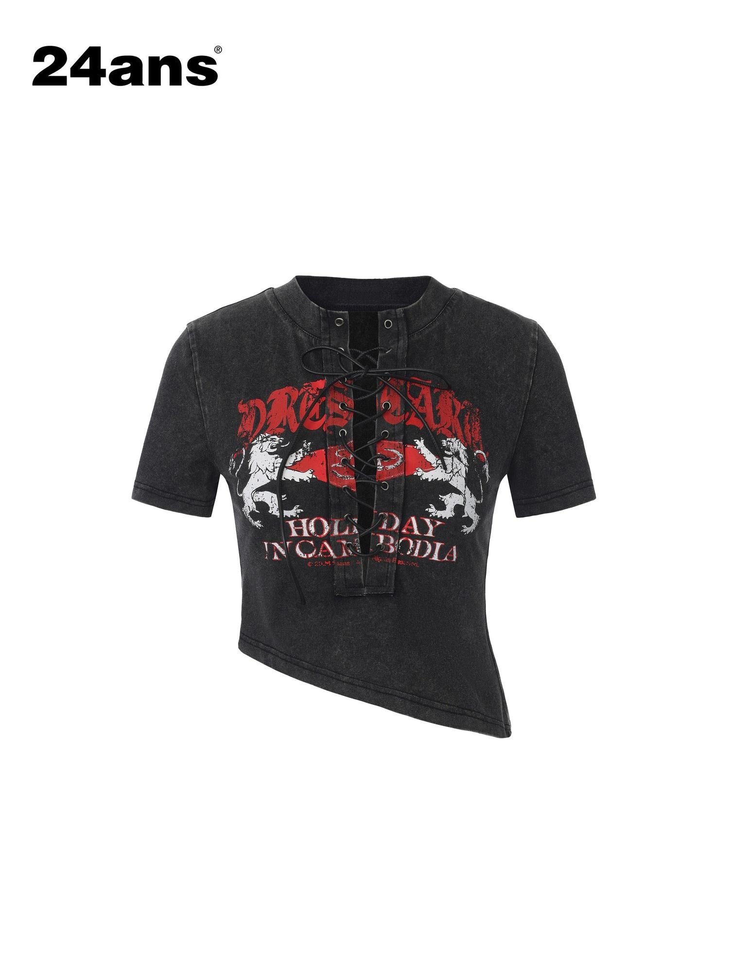 24ans Black Punk Grunge Asymmetric Layered Letter Print Women&