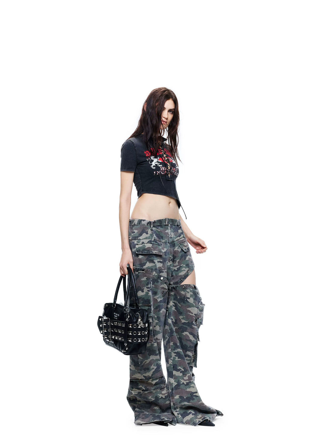 24ans Black Punk Grunge Asymmetric Layered Letter Print Women&