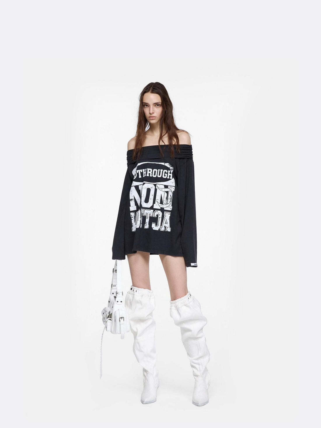 24ans Black Rhinestone Letter Print One Shoulder Women&