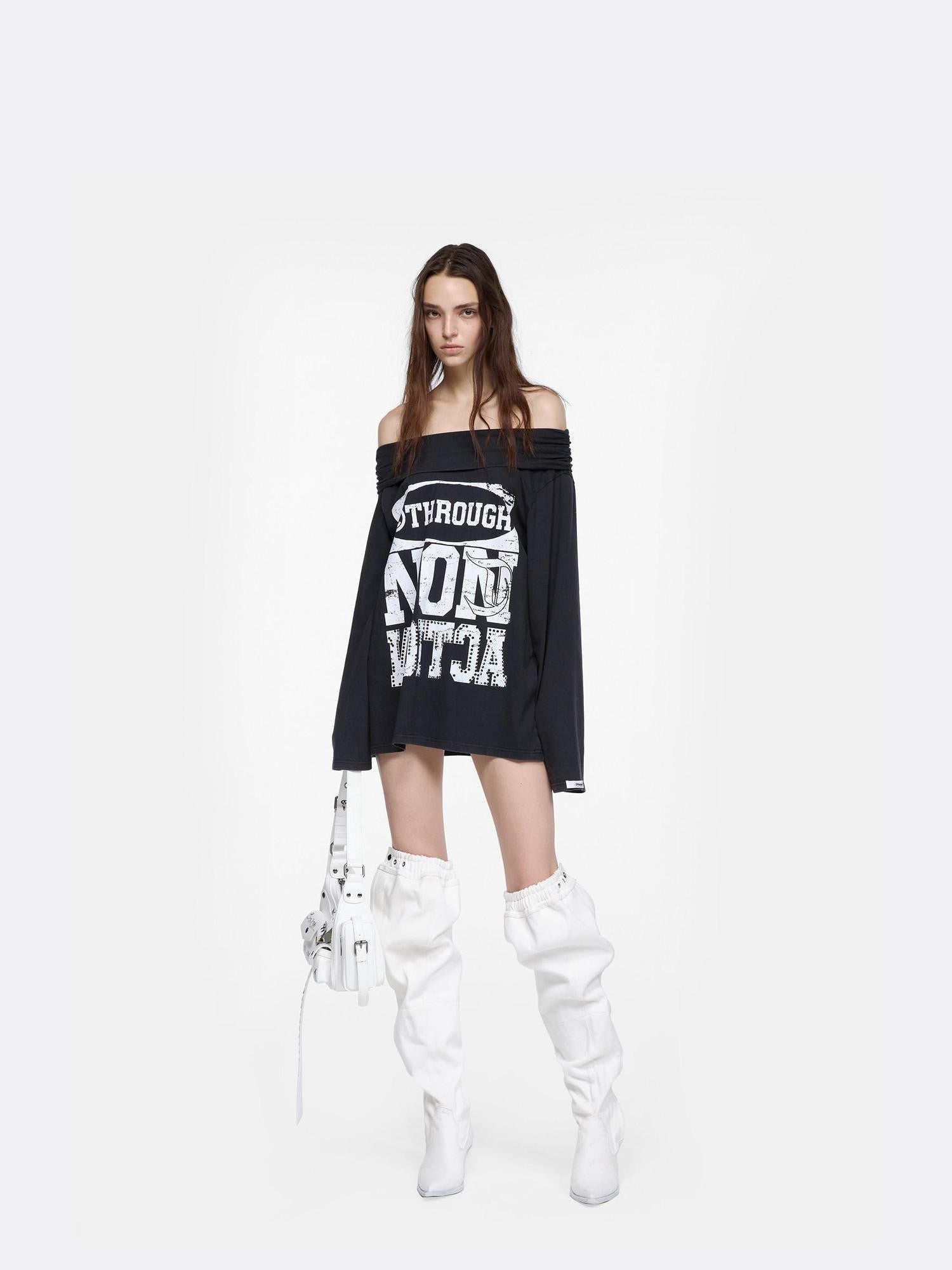 24ans Black Rhinestone Letter Print One Shoulder Women&