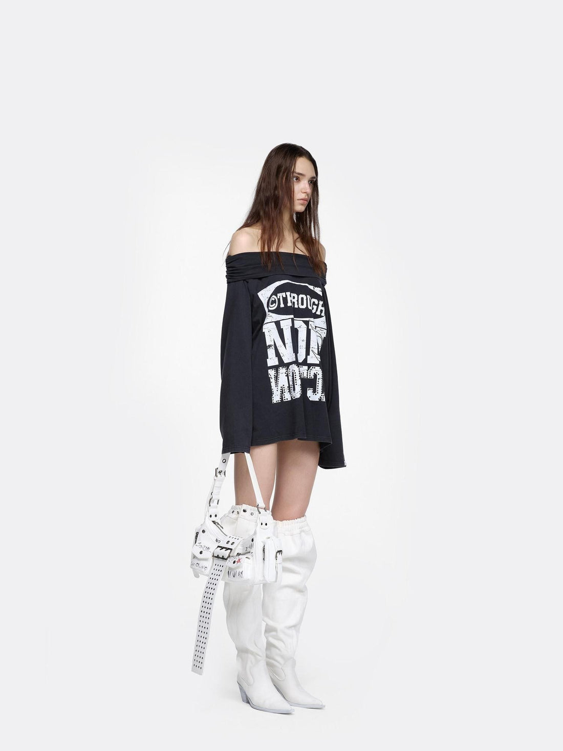 24ans Black Rhinestone Letter Print One Shoulder Women&