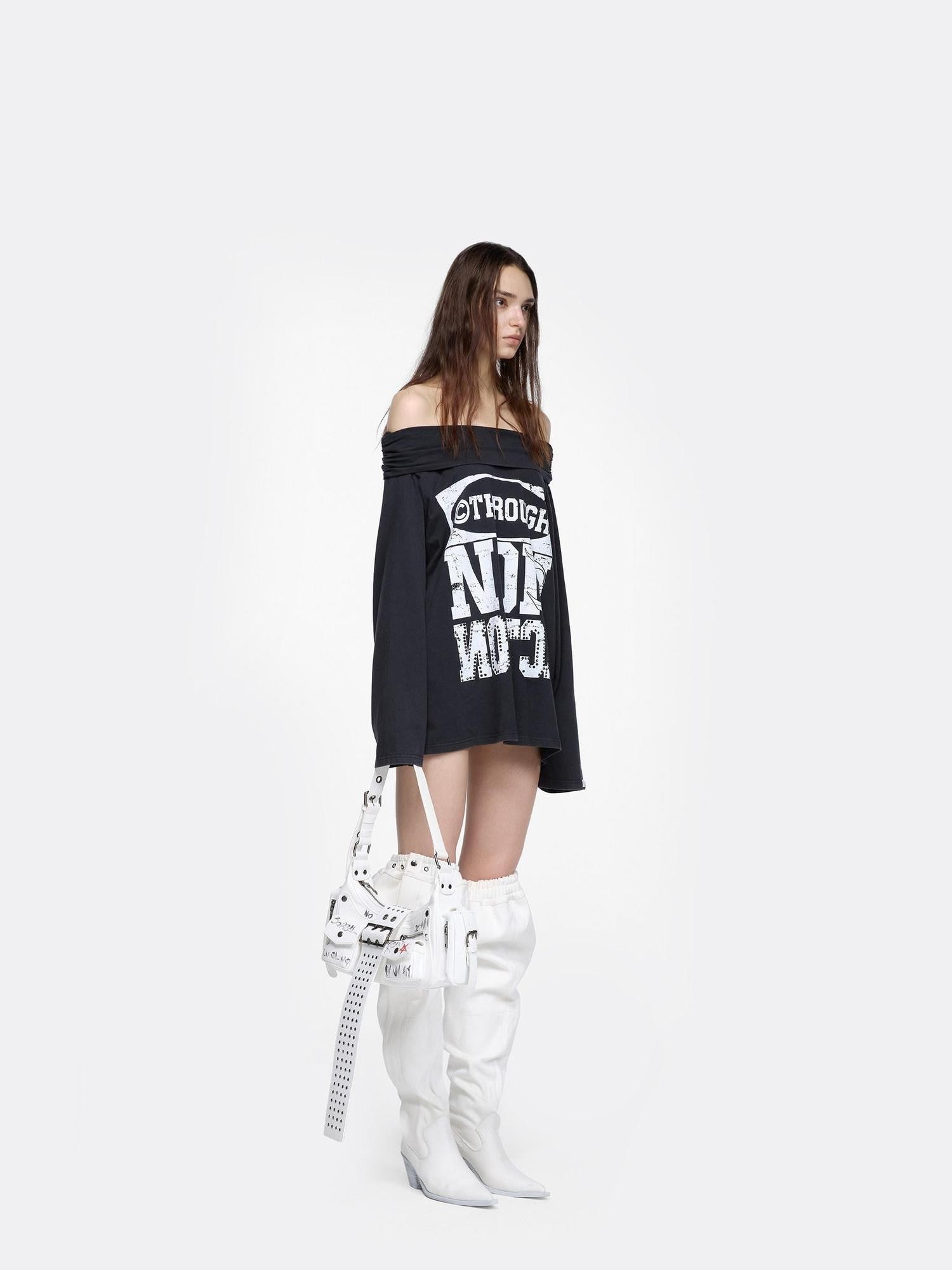 24ans Black Rhinestone Letter Print One Shoulder Women&