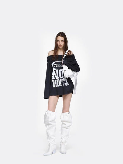 24ans Black Rhinestone Letter Print One Shoulder Women&