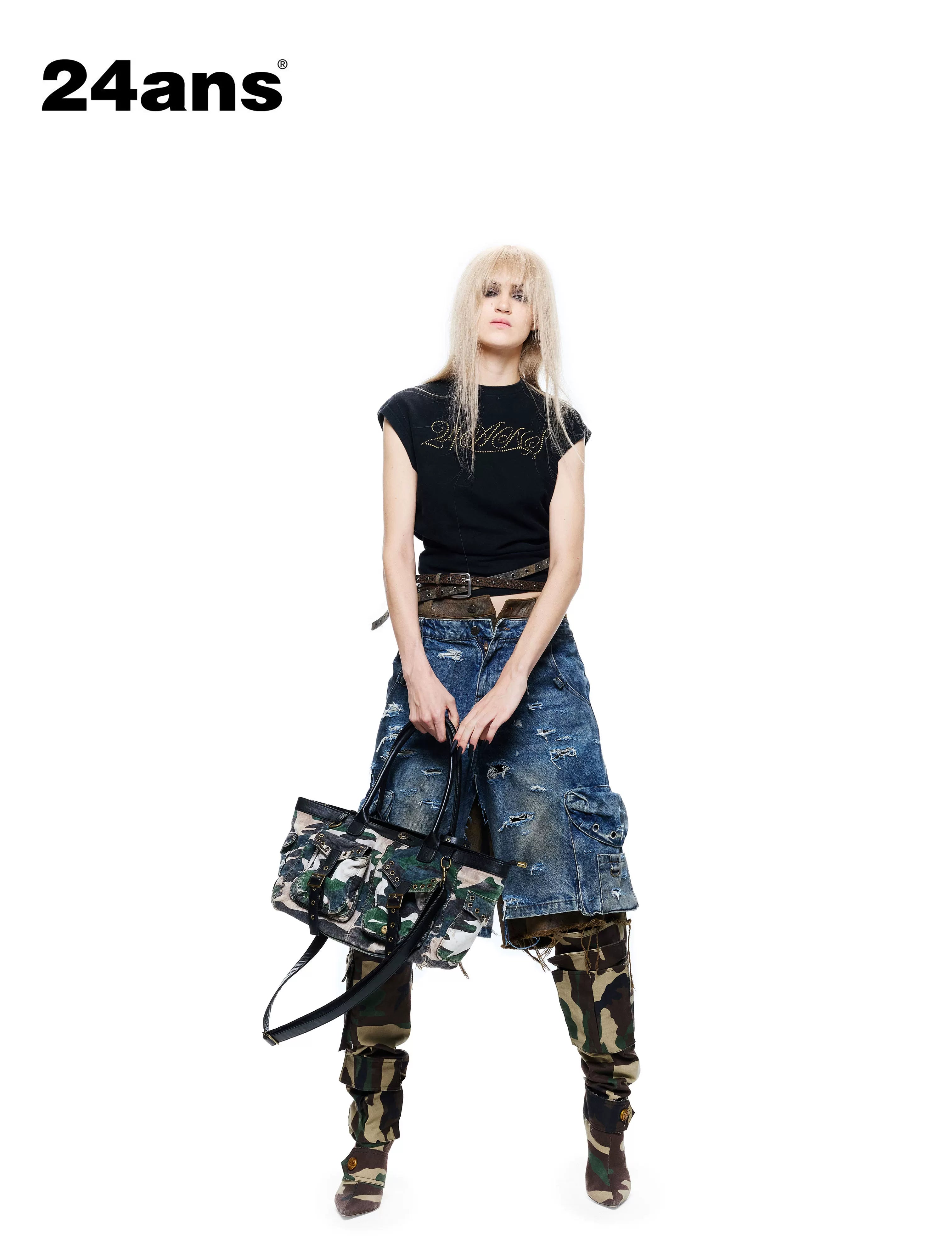 24ans Black Salt Washed Back Cutout Beaded Cropped Women&