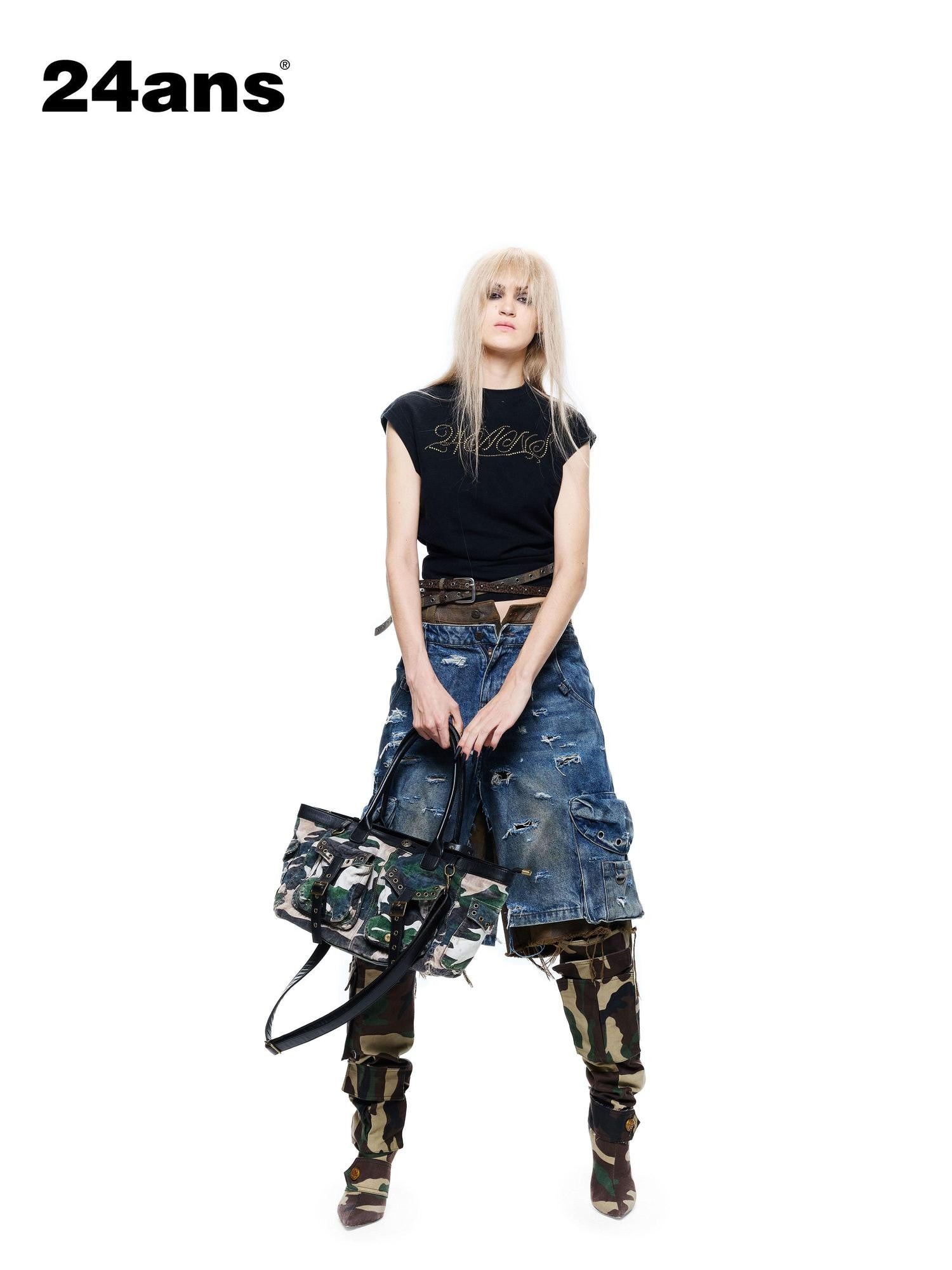 24ans Black Salt Washed Back Cutout Beaded Cropped Women&