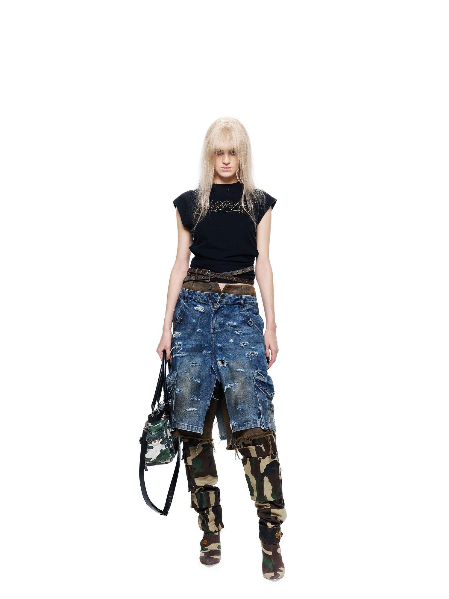 24ans Black Salt Washed Back Cutout Beaded Cropped Women&
