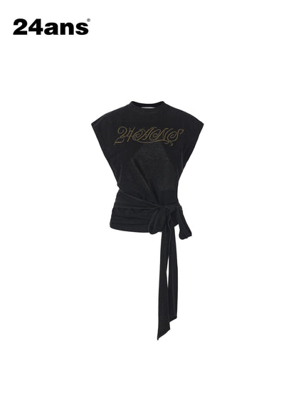 24ans Black Salt Washed Back Cutout Beaded Cropped Women&