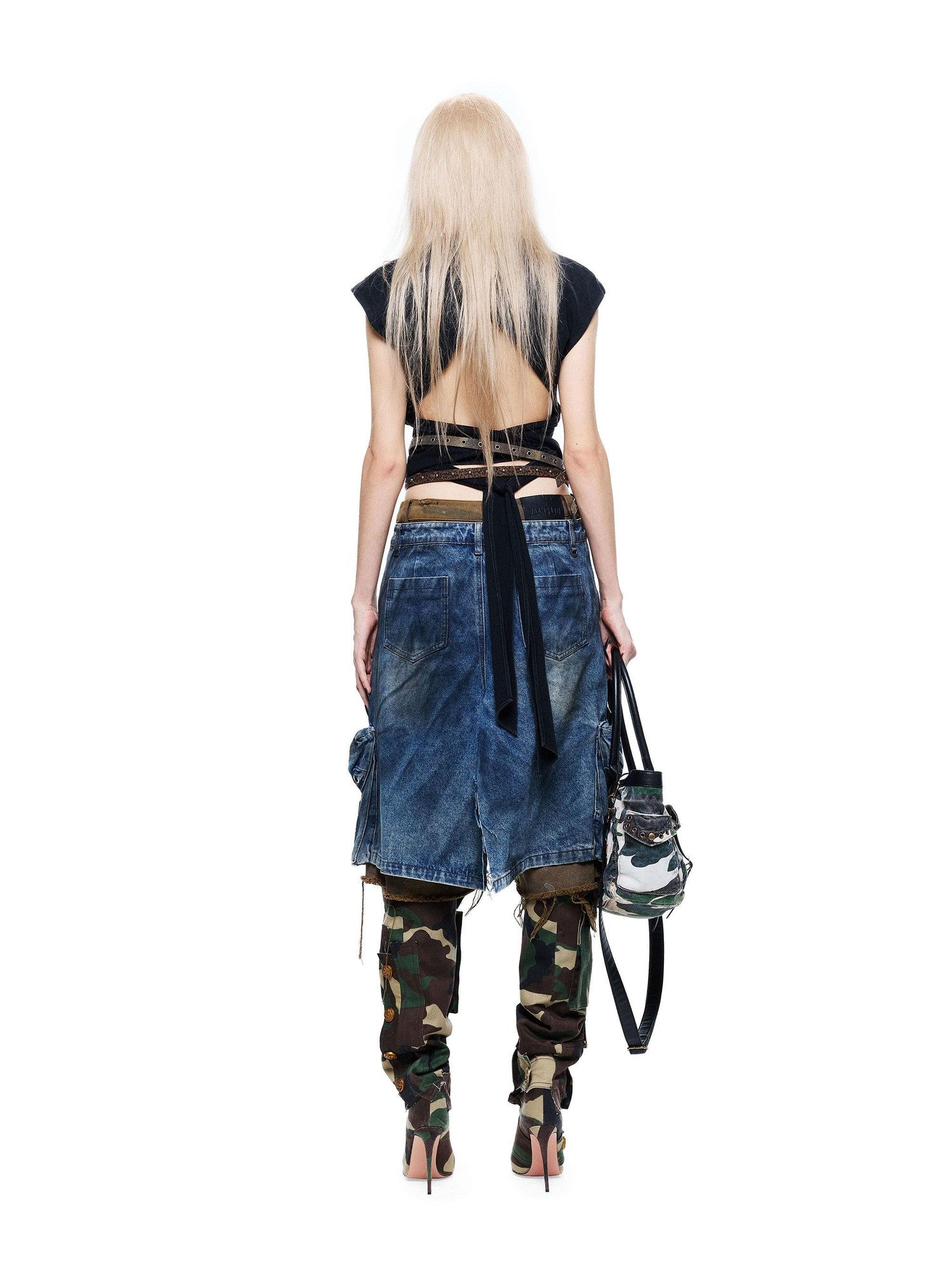 24ans Black Salt Washed Back Cutout Beaded Cropped Women&