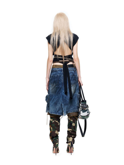 24ans Black Salt Washed Back Cutout Beaded Cropped Women&