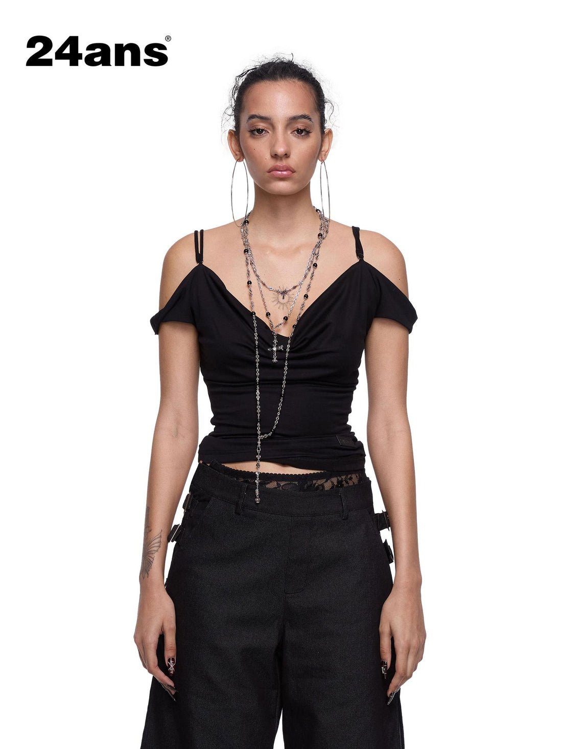 24ans Black Sequin Cowl Neck Sleeveless T Shirt