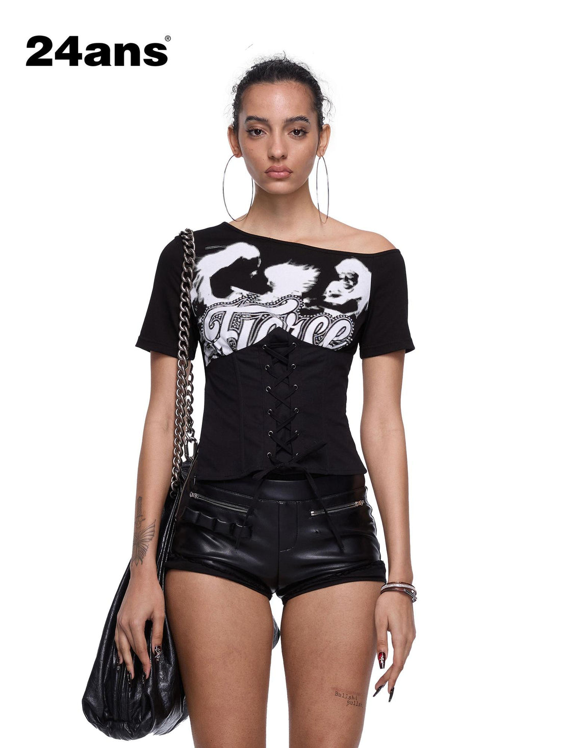 Black White Contrast Spliced Lace Up Waist Slim Crop Tee