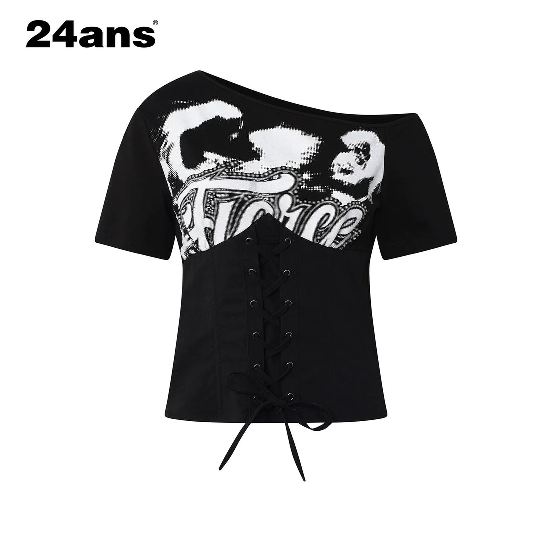 24ans_Black_White_Contrast_Spliced_Lace_Up_Waist_Slim_Crop_Tee_MISSTT