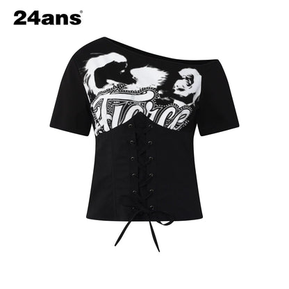 24ans_Black_White_Contrast_Spliced_Lace_Up_Waist_Slim_Crop_Tee_MISSTT