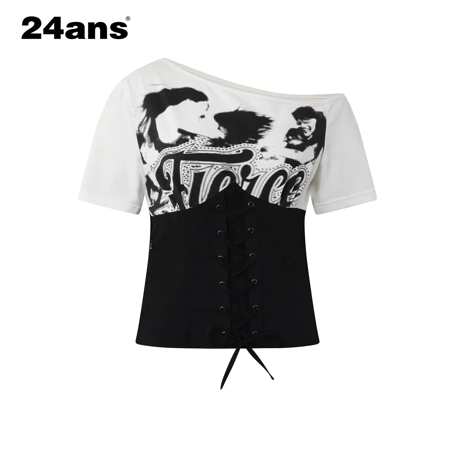 24ans_Black_White_Contrast_Spliced_Lace_Up_Waist_Slim_Crop_Tee_MISSTT