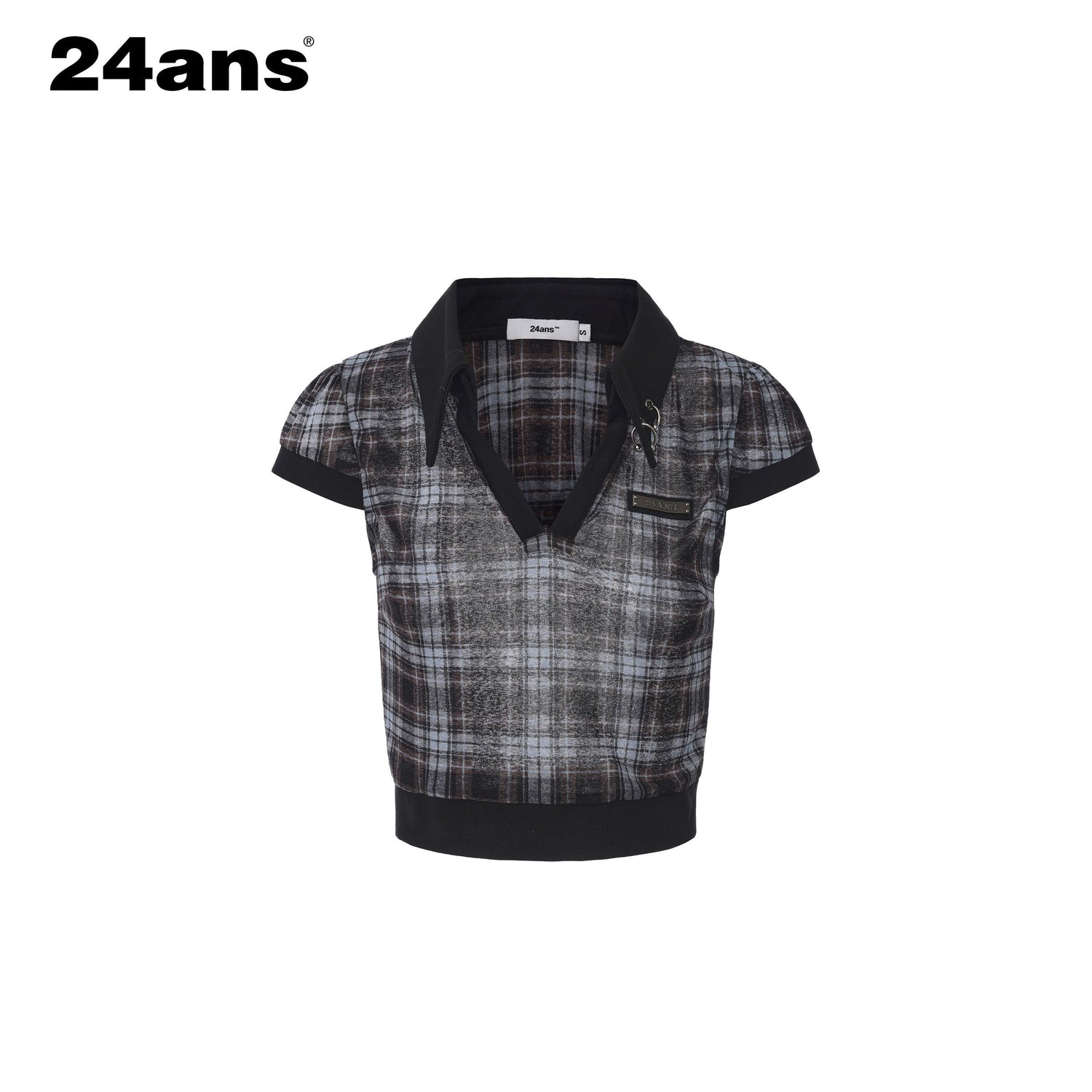 24ans_Blue_Plaid_Washed_Metal_Button_Leather_Label_Polo_Women&