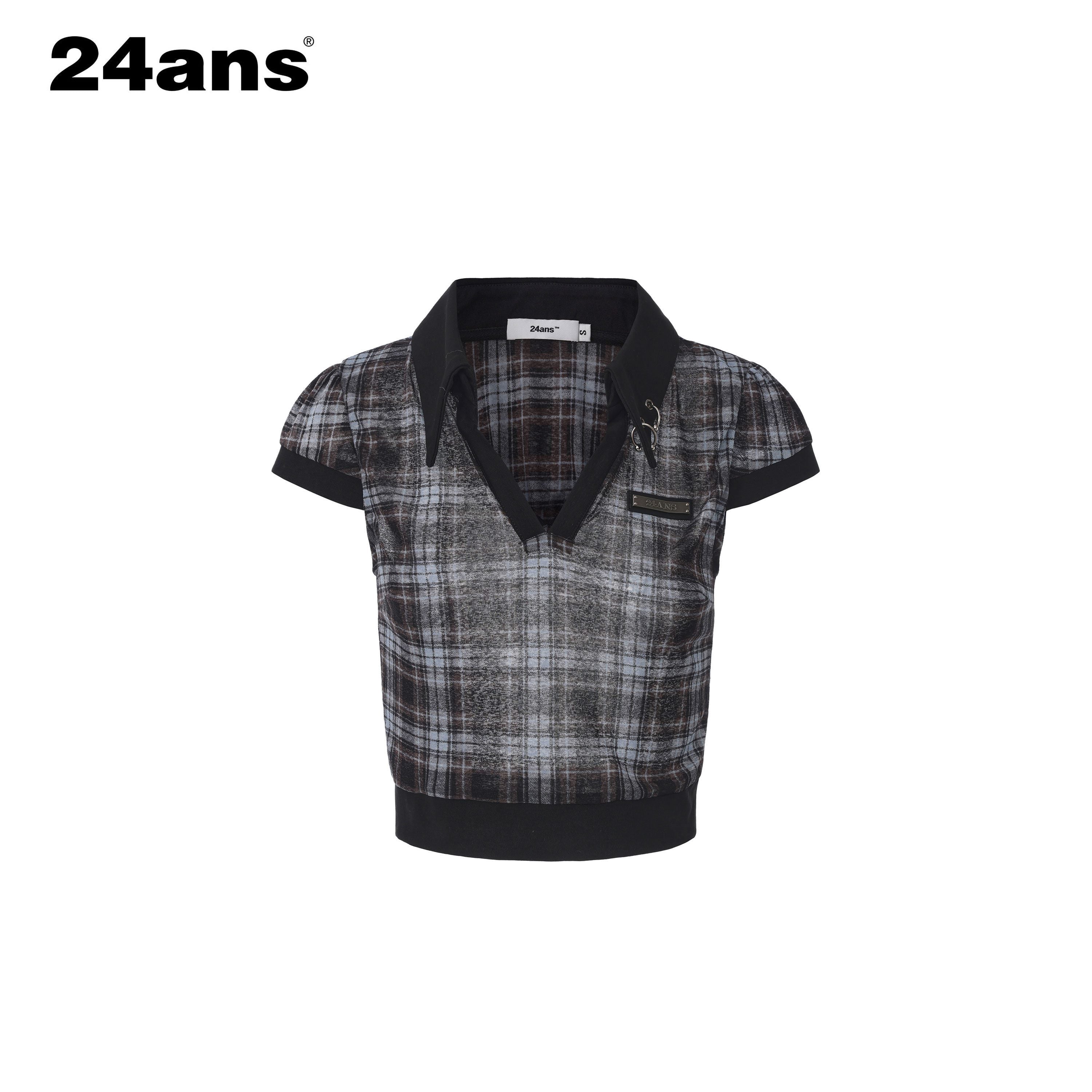 24ans_Blue_Plaid_Washed_Metal_Button_Leather_Label_Polo_Women&