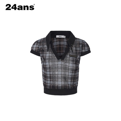 24ans_Blue_Plaid_Washed_Metal_Button_Leather_Label_Polo_Women&