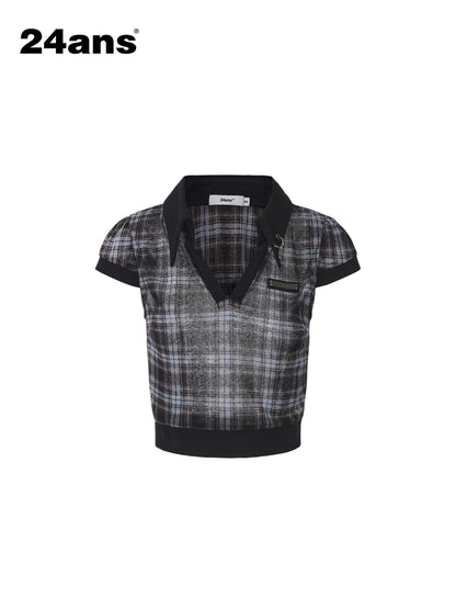 24ans Blue Plaid Washed Metal Button Leather Label Polo Women&