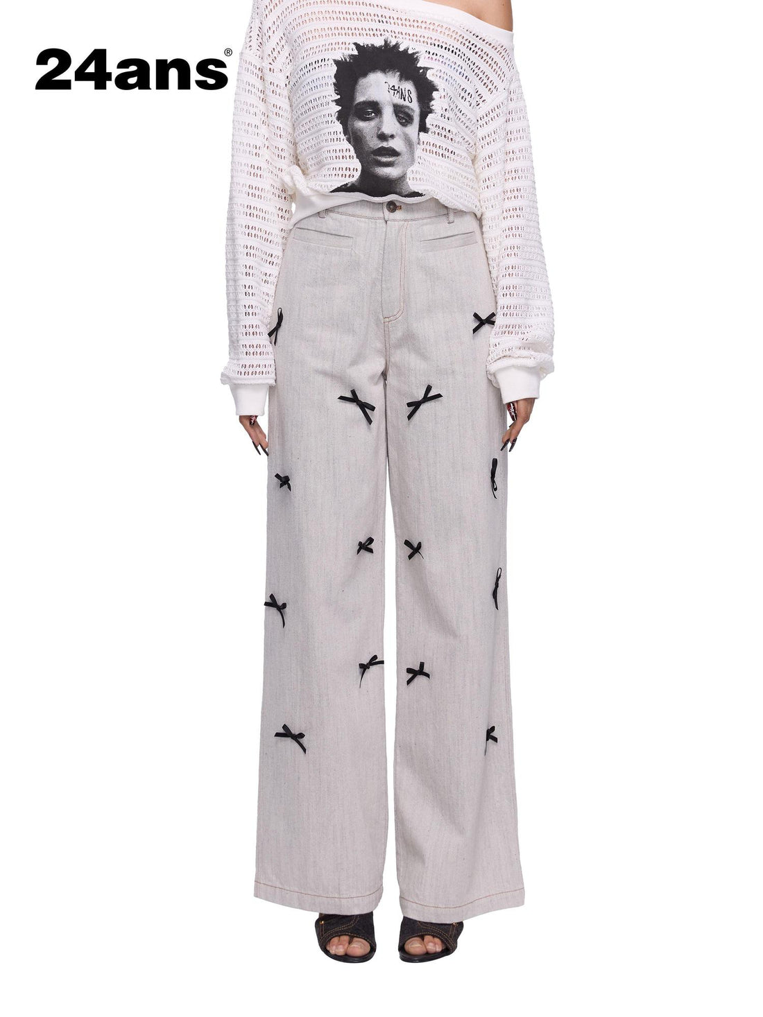 24ans Bow Tie Embroidered White Wide Leg Jeans