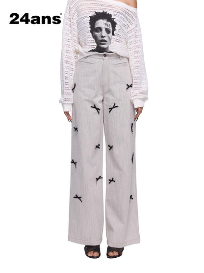 24ans Bow Tie Embroidered White Wide Leg Jeans