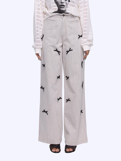 24ans Bow Tie Embroidered White Wide Leg Jeans