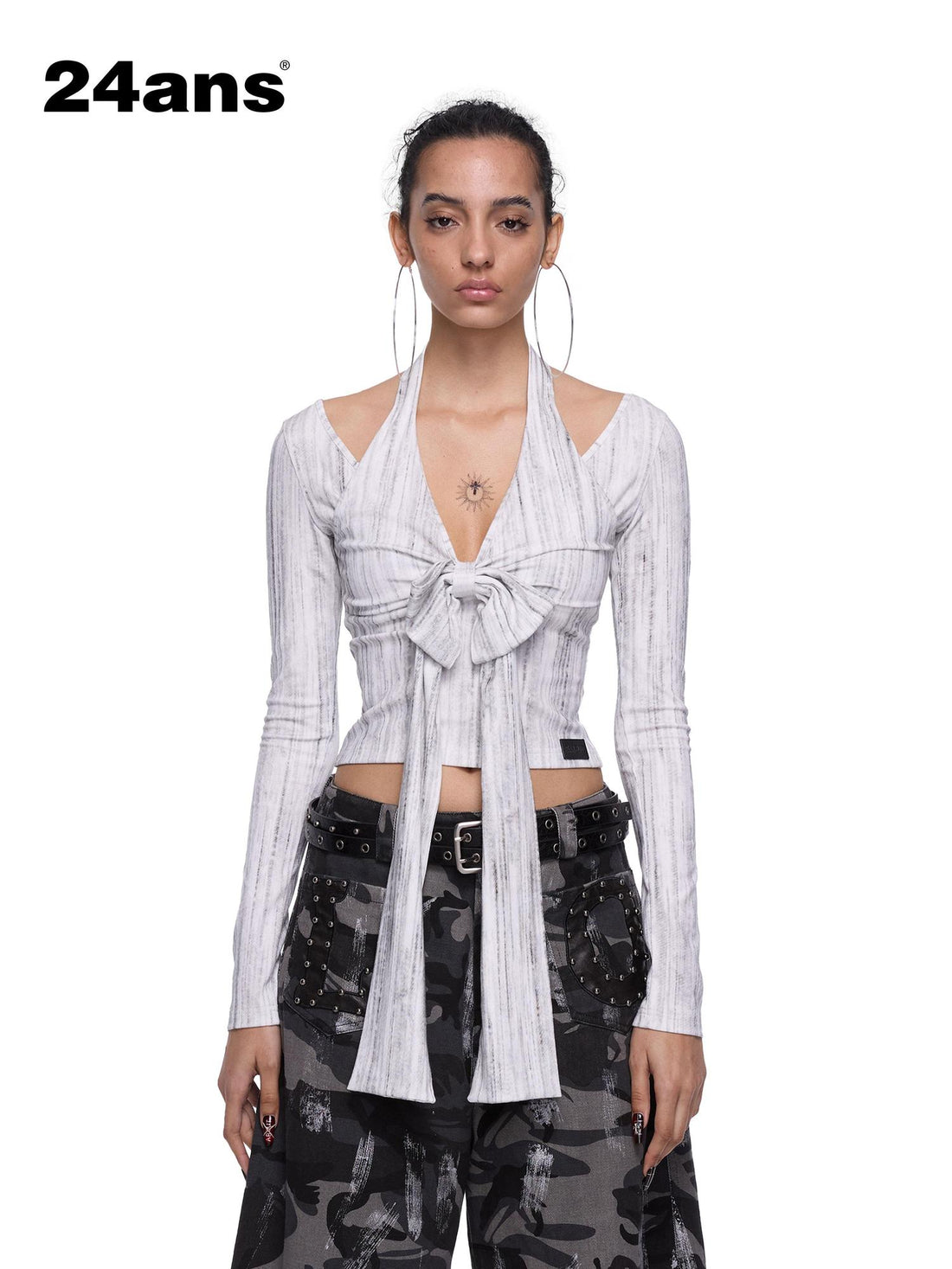 24ans Bow Tie Neck T-Shirt With Long Sleeves