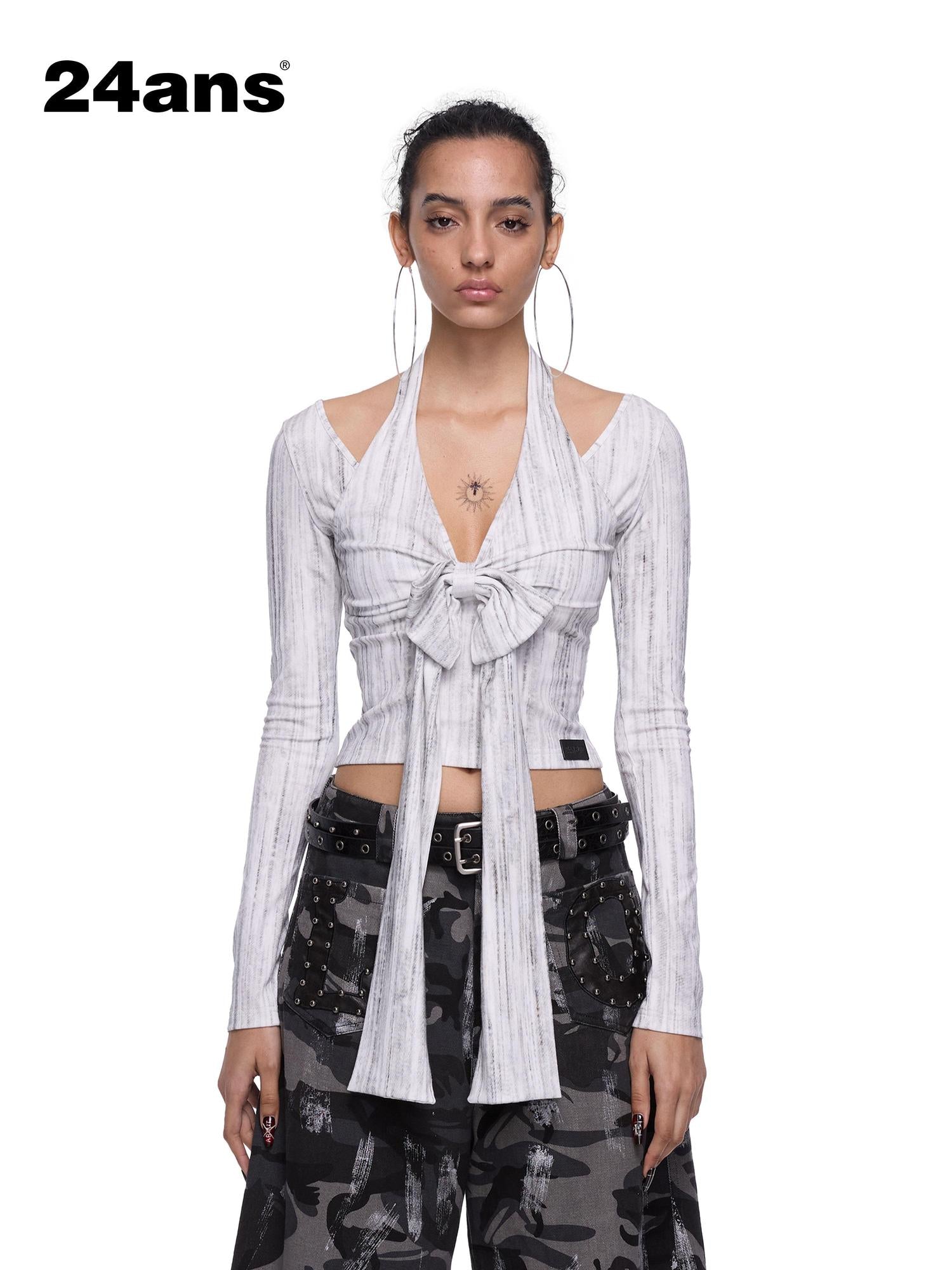 24ans Bow Tie Neck T-Shirt With Long Sleeves